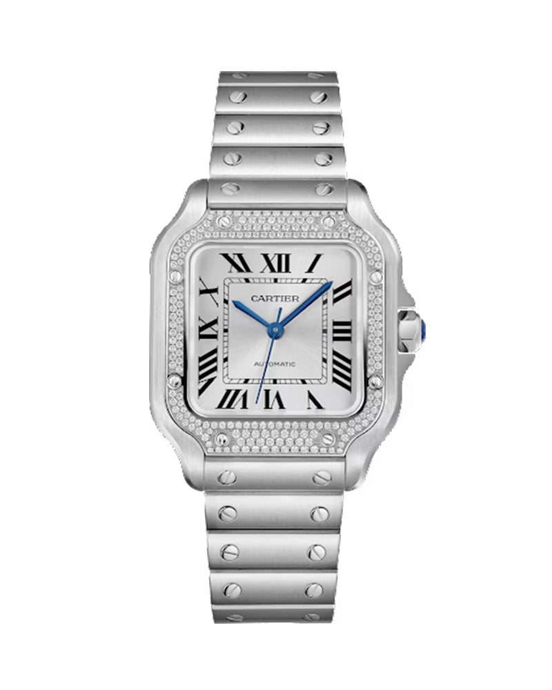 SANTOS DE CARTIER, MEDIUM, AUTOMATIC, STEEL, DIAMONDS, INTERCHANGEABLE METAL, LEATHER BRACELETS