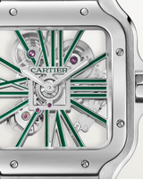 SANTOS DE CARTIER, SKELETON, LARGE, MANUAL, STEEL, INTERCHANGEABLE METAL AND LEATHER BRACELETS