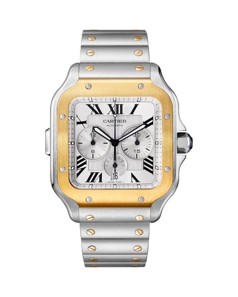 SANTOS DE CARTIER, XL, CHRONOGRAPH, STEEL AND GOLD, INTERCHANGEABLE METAL AND RUBBER BRACELETS