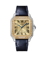 SANTOS DE CARTIER, MEDIUM, AUTOMATIC, YELLOW GOLD, STEEL, DIAMONDS, INTERCHANGEABLE METAL AND LEATHER BRACELETS