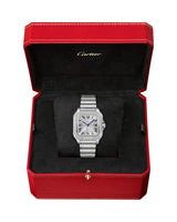SANTOS DE CARTIER, MEDIUM, AUTOMATIC, STEEL, DIAMONDS, INTERCHANGEABLE METAL, LEATHER BRACELETS