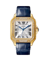 SANTOS DE CARTIER, MEDIUM, AUTOMATIC, YELLOW GOLD, DIAMONDS, TWO INTERCHANGEABLE LEATHER BRACELETS