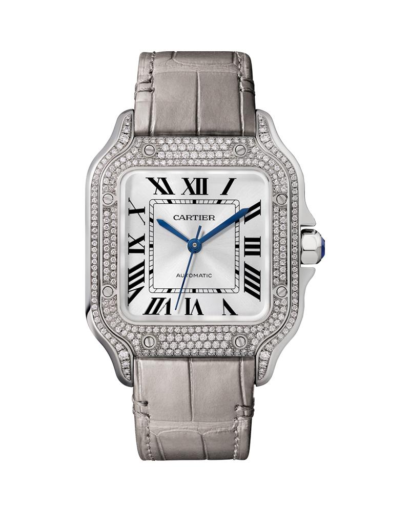 SANTOS DE CARTIER, MEDIUM, AUTOMATIC, WHITE GOLD, DIAMONDS, TWO INTERCHANGEABLE LEATHER BRACELETS