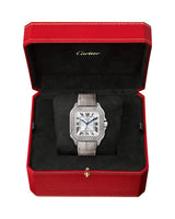 SANTOS DE CARTIER, MEDIUM, AUTOMATIC, WHITE GOLD, DIAMONDS, TWO INTERCHANGEABLE LEATHER BRACELETS