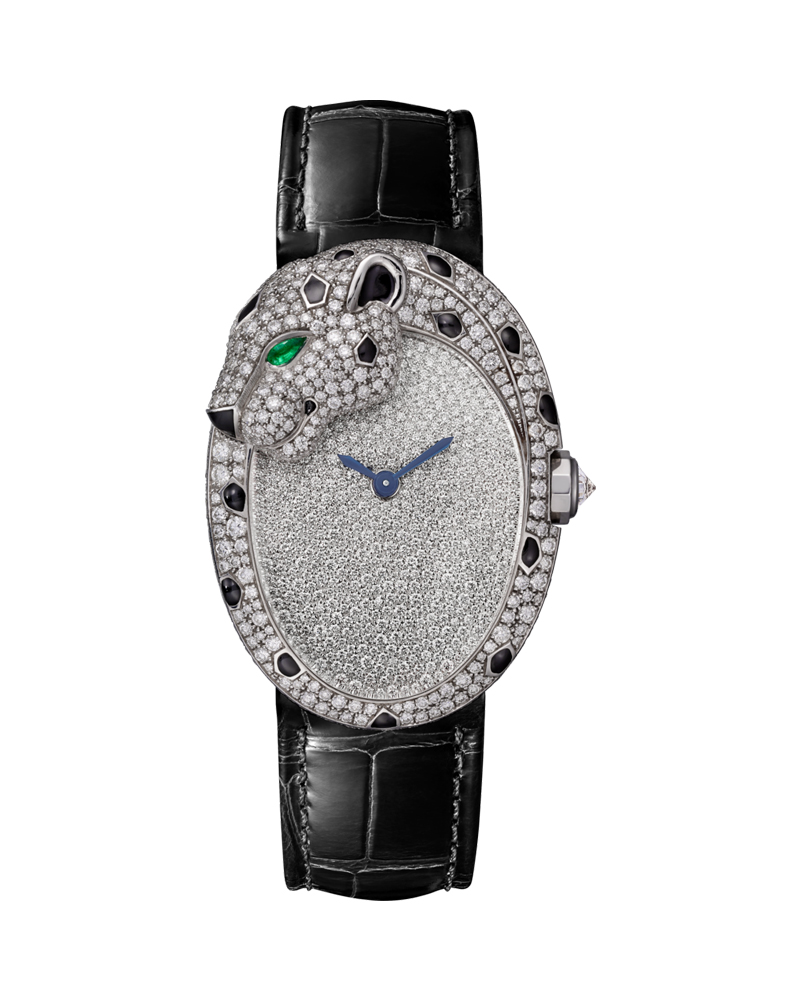 Panthère Jewelry Watch,White Gold,Black Leather