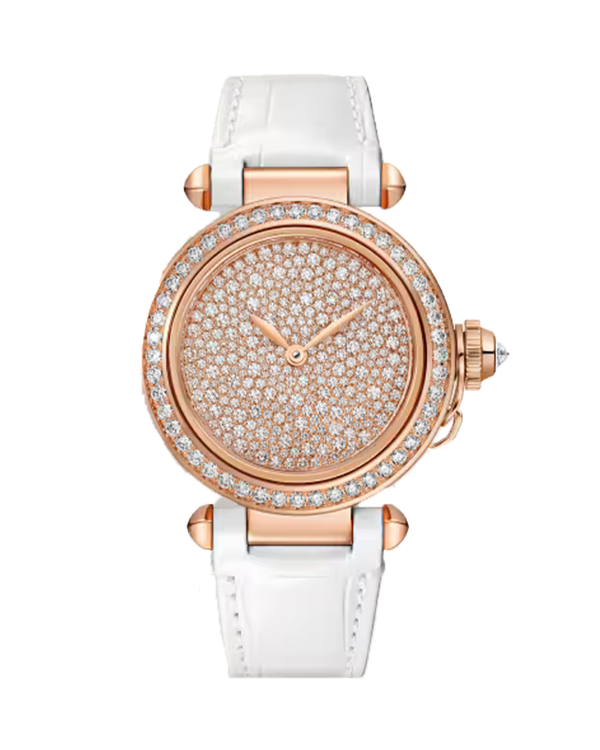 Pasha de Cartier watch 35 mm, automatic, rose gold, diamonds, White Leather Blue Leather strap