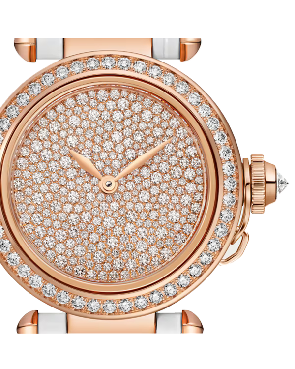 Pasha de Cartier watch 35 mm, automatic, rose gold, diamonds, White Leather Blue Leather strap