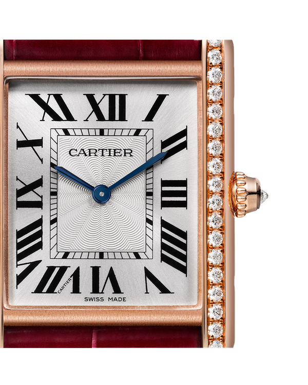 TANK LOUIS CARTIER WATCH LARGE MODEL, HAND-WOUND MECHANICAL MOVEMENT, ROSE GOLD, DIAMONDS, LEATHER