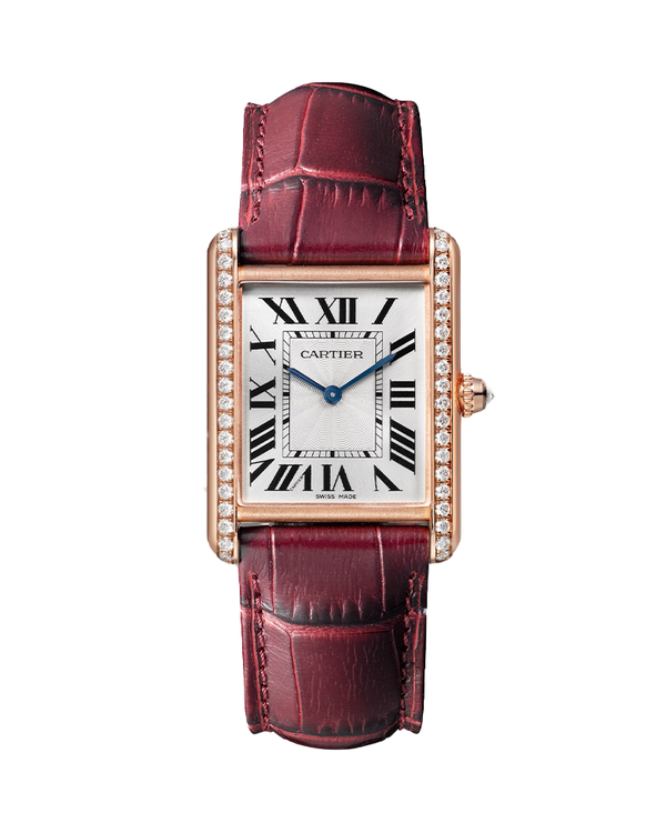 TANK LOUIS CARTIER WATCH LARGE MODEL, HAND-WOUND MECHANICAL MOVEMENT, ROSE GOLD, DIAMONDS, LEATHER