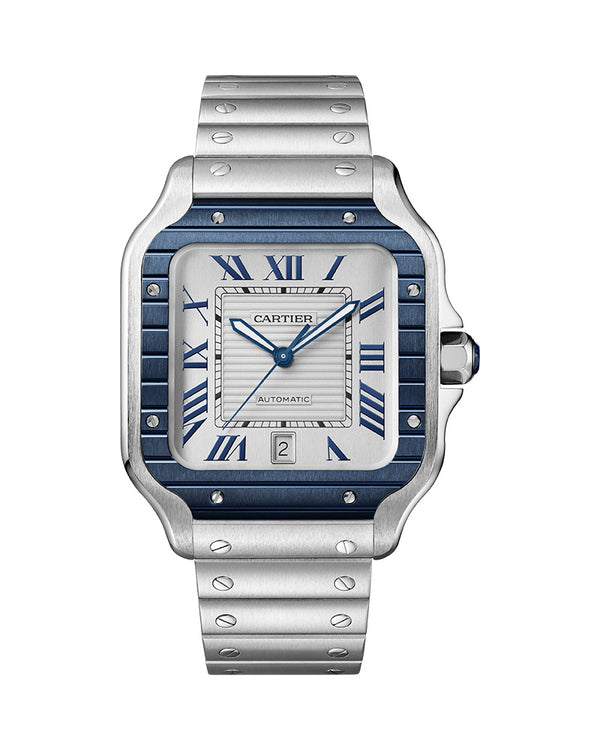 SANTOS DE CARTIER, LARGE, AUTOMATIC, STAINLESS STEEL, INTERCHANGEABLE METAL AND RUBBER