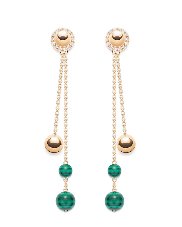 POSSESSION PINK GOLD EARRINGS, BRILLIANT-CUT DIAMONDS, PINK GOLD AND MALACHITE BEADS