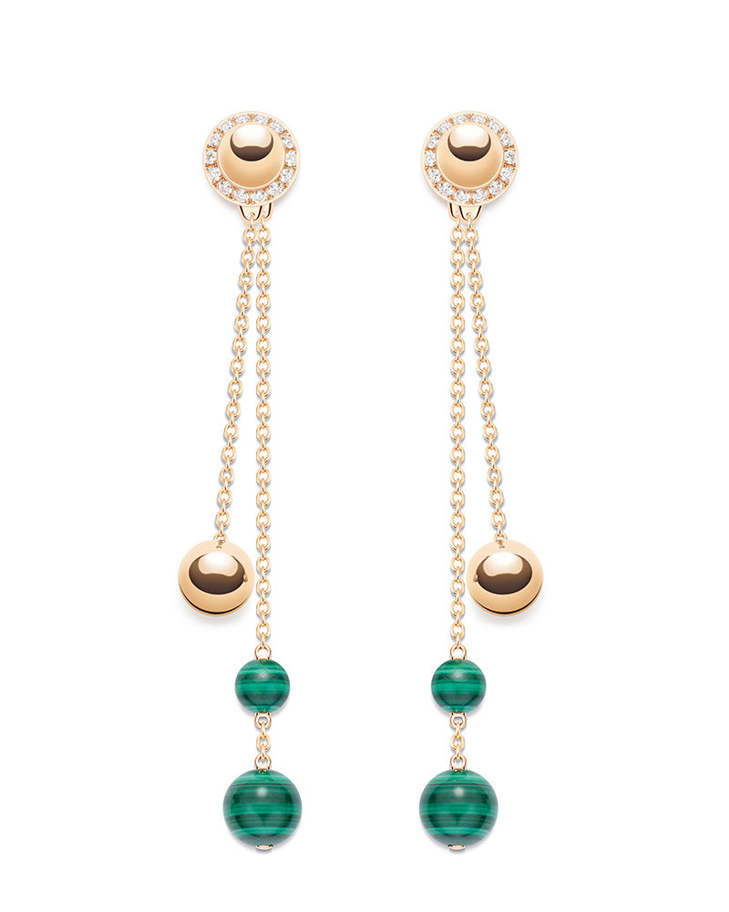 POSSESSION PINK GOLD EARRINGS, BRILLIANT-CUT DIAMONDS, PINK GOLD AND MALACHITE BEADS