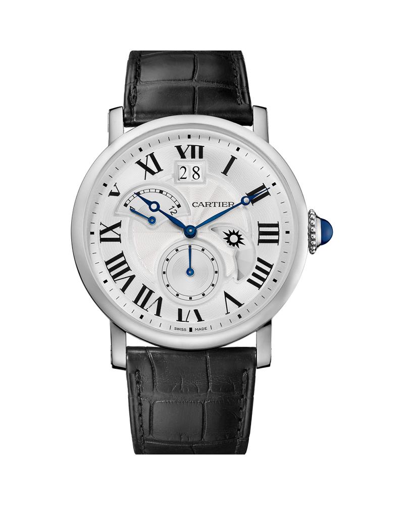 ROTONDE DE CARTIER, LARGE DATE, RETROGRADE SECOND TIME ZONE AND DAY NIGHT INDICATOR, 42MM, STEEL, LEATHER