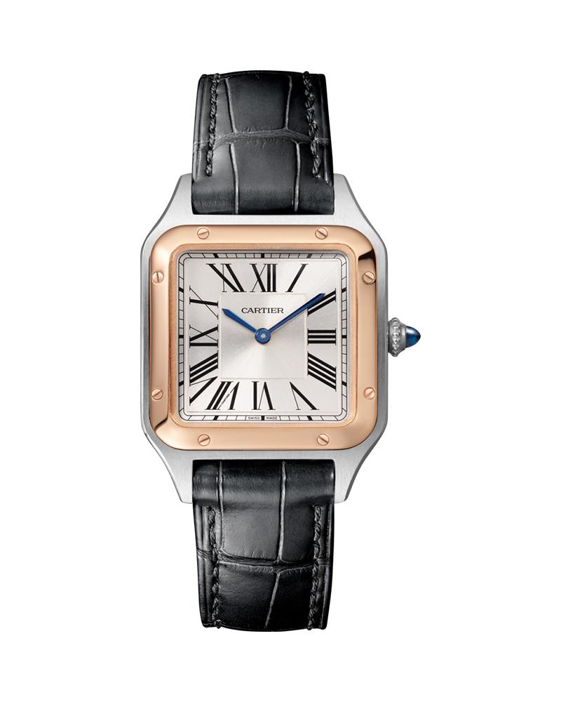 SANTOS DUMONT, SMALL, ROSE GOLD AND STEEL, LEATHER