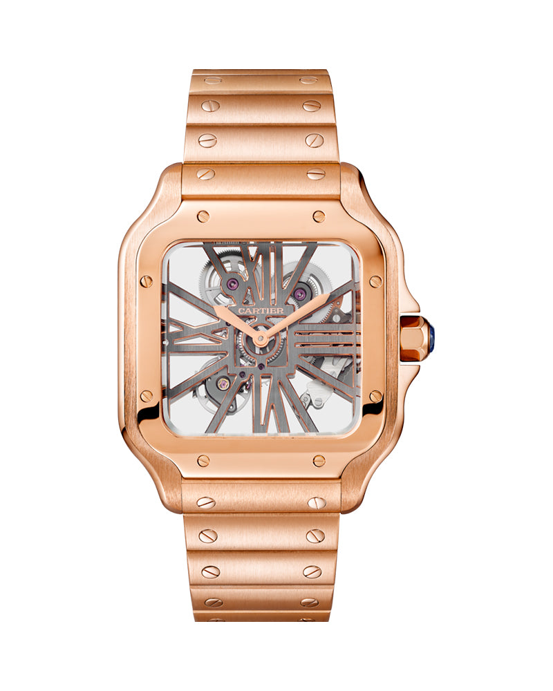 SANTOS DE CARTIER, SKELETON, LARGE, MANUAL, ROSE GOLD, INTERCHANGEABLE METAL AND LEATHER BRACELETS