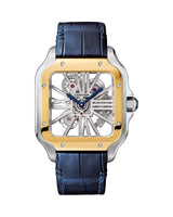 SANTOS DE CARTIER, SKELETON, LARGE, MANUAL, YELLOW GOLD AND STEEL, LEATHER, INTERCHANGEABLE METAL AND LEATHER BRACELETS