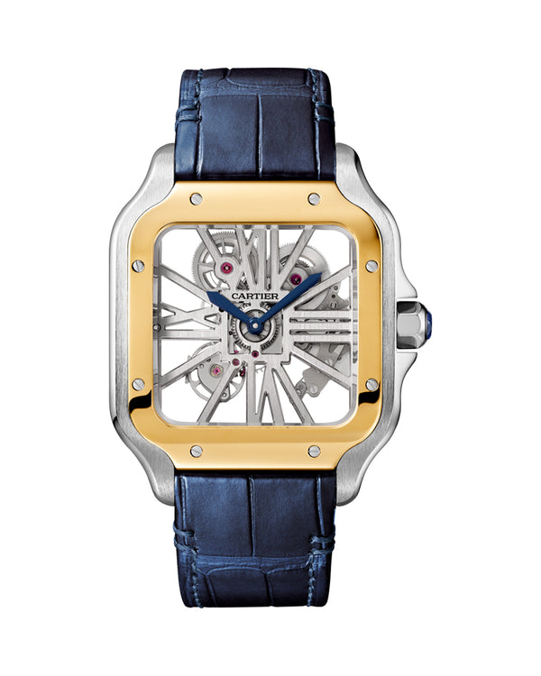 SANTOS DE CARTIER, SKELETON, LARGE, MANUAL, YELLOW GOLD AND STEEL, LEATHER, INTERCHANGEABLE METAL AND LEATHER BRACELETS