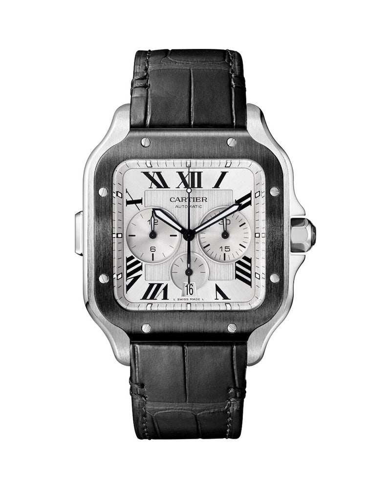 SANTOS DE CARTIER, XL, CHRONOGRAPH, STEEL AND ADLC, INTERCHANGEABLE RUBBER AND LEATHER BRACELETS