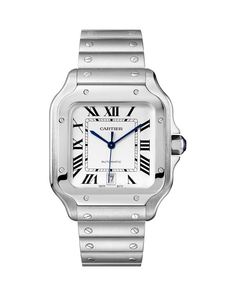 SANTOS DE CARTIER, LARGE, AUTOMATIC, STEEL, INTERCHANGEABLE METAL AND LEATHER BRACELETS