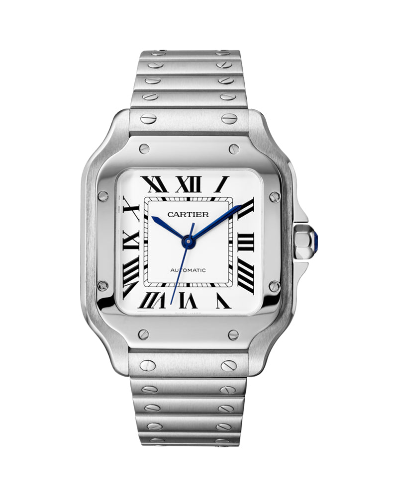 SANTOS DE CARTIER, MEDIUM, AUTOMATIC, STEEL, INTERCHANGEABLE STEEL AND LEATHER BRACELETS